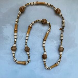 Vintage Signed Lee Menichetti Carved Wood Bamboo Cream Beaded Necklace 34" L